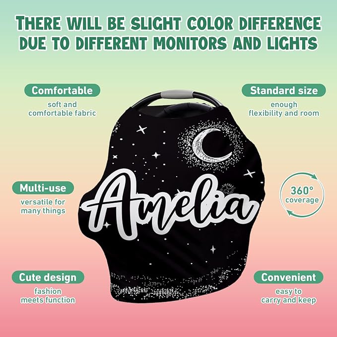 Custom Name Car Seat Canopy - Baby Car Seat Covers, Infant Stroller Cover, Black Moon Carseat Canopy Christmas Birthday Gifts for Girls and Boys