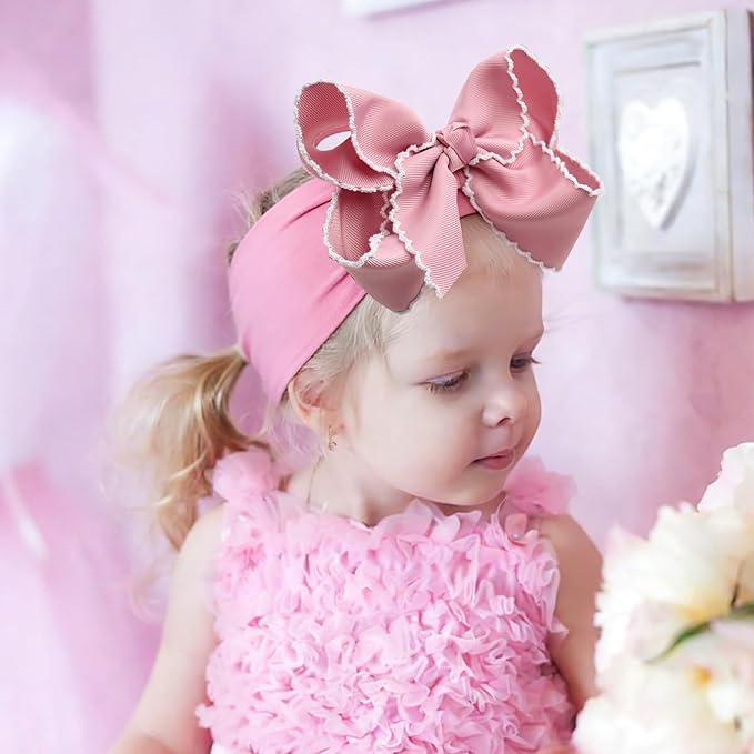 6'' Jumbo Blush Pink Baby Girls Bow Headbands, Handmade Grosgrain Moonstitch Boutique Baby Headwraps, Super Stretchy Soft Nylon Headbands for Newborns, Infants & Toddlers