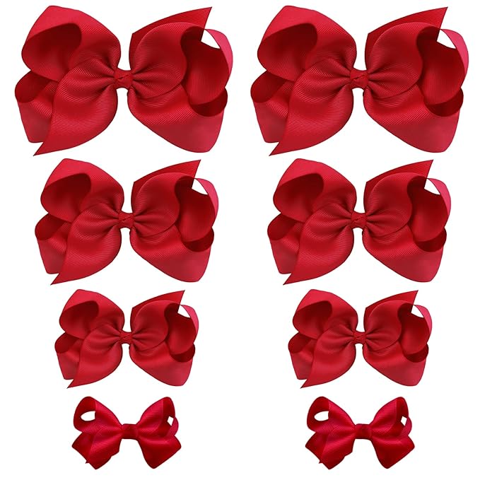 Oaoleer 8PCS Hair Bows for Girls Red Grosgrain Ribbon Boutique Bow Alligator Clips Hair Accessories for Toddlers Little Girls Kids (8inch, 6inch, 4.5inch, 3inch in Pair)
