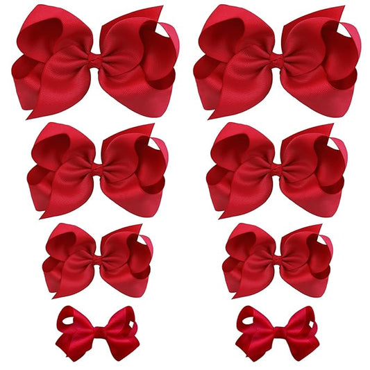Oaoleer 8PCS Hair Bows for Girls Red Grosgrain Ribbon Boutique Bow Alligator Clips Hair Accessories for Toddlers Little Girls Kids (8inch, 6inch, 4.5inch, 3inch in Pair)