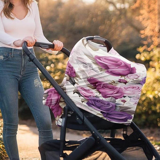 LedBack Purpe Floral Car Seat Cover for Babies, Retro Flower Nursing Cover Breastfeeding Cover,Soft Breathable Infant Carseat Canopy
