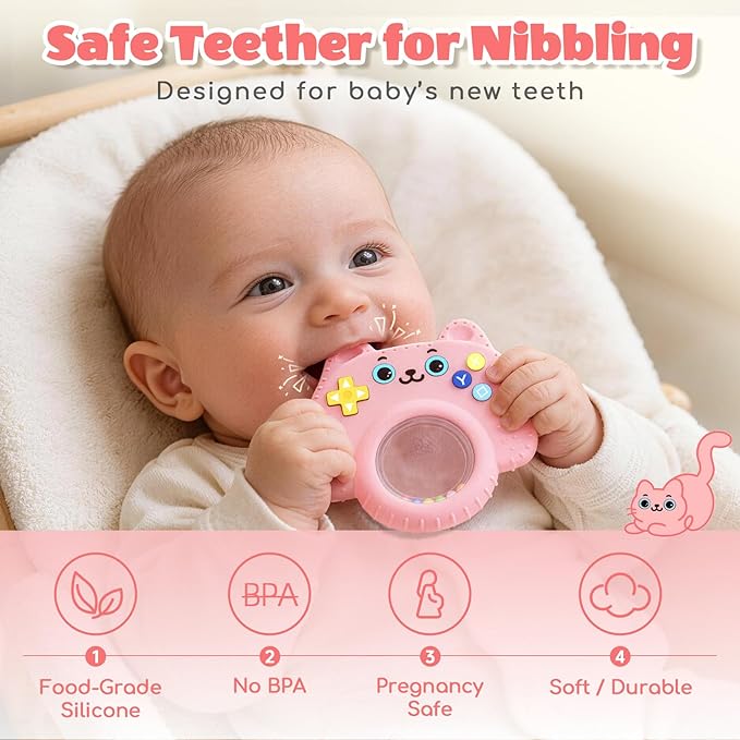 Silicone Baby Teething Toys for 0-6-12 Months, Kitten Remote Rattle Teether for Infant Gum Relief, No BPA Chew Toy for Infant 0-3-6-9-12, Easy-Grip Ring Gift for Travel & Bath