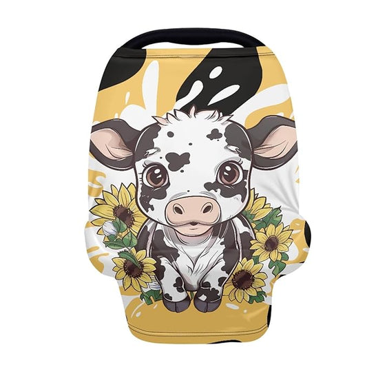 Wanyint Sunflower and Cute Cow Print Car Seat Covers for Babies,Nursing Breastfeeding Cover Infant Carseat Canopy Cover,Stretchy Nursing Cover for Baby