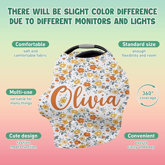 Personalised Car Seat Cover for Babies - Multi-use Carseat Canopy Cover with Name, Car Seat Covers, Christmas Birthday Gifts for Infant Boys and Girls Orange Flower Pattern