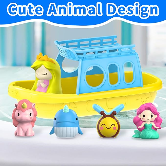 Oriate Mermaid Princess Finger Puppets Bath Toys(5 PCS) for Kids Toddlers 1-3 with Bath Boat, Baby Bathtub Shower Toys, Animal Whale Bee, Floating Water Beach Pool Toys Easter Eggs