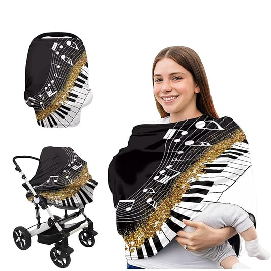 Music Nursing Cover for Breastfeeding,Black Piano Car Seat Cover Baby Soft & Breathable Breastfeeding Covers Nursing Multi-Use for Car Seat & High Chair