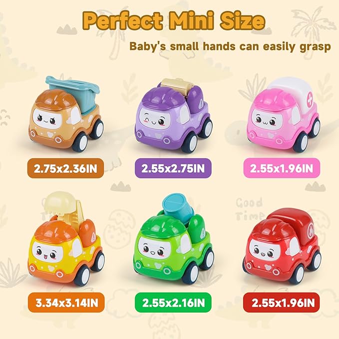 Baby Mini Car Toys for 1 Year Old Boy Gifts, 6 Sets Pull-Back Trucks for Toddlers Age 1-3, Infant Push and Go Friction Powered Vehicles, Early Educational Birthday Gift for 1 2 3 Year Olds Boy Girl
