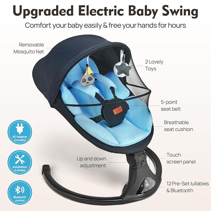 Baby Swing for Infants, Bluetooth Electric Infant Swing with 5 Speed Motions, 12 Soothing Melodies & Remote Control, Portable for Newborns 0-9 Months (Max 20 lbs, Blue)
