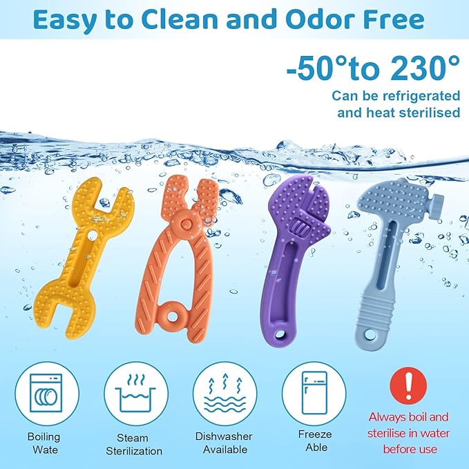 Yinghezu 4 Pack Chew Baby Teething Toys for 0-12 Months, Freezable BPA Free Silicone Baby Molar Teether Chew Toys, Hammer Wrench Spanner Pliers Shape Baby Girl's Boy Car Seat Toy