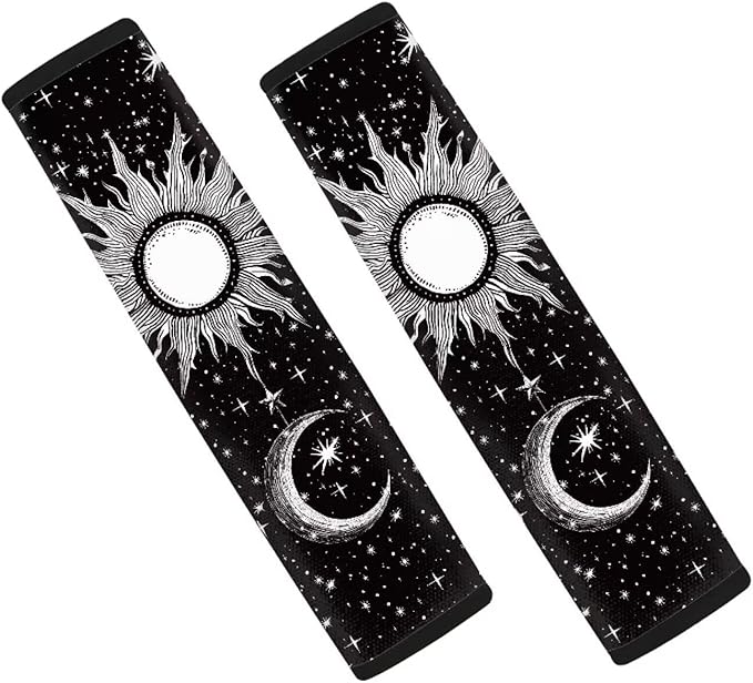 AFPANQZ 2pcs Car Seat Belt Pads Cover Universal Size Art Moon Sun Print Vehicle Seat Belt Comfort Shoulder Pads for Adults Children Seat Cushion Shoulder Straps Cushion for Bag Black