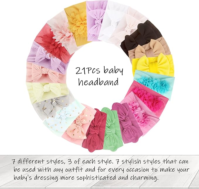 WZT 21PCS Baby Nylon Headbands 7 styles Hairbands Hair Bow Elastics for Girl headbands with bows Newborns Infant Toddlers