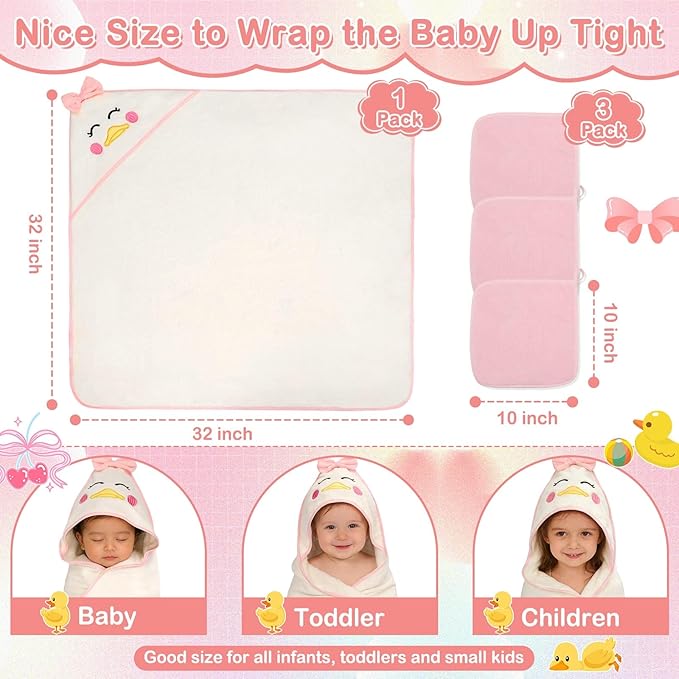 Flasoo 4 PCS Baby Towels Set, Soft Baby Towels and Washcloths Set, 1 Hooded Baby Towel and 3 Baby Washcloths for Newborns, Toddlers, and Kids, 32x32 Baby Towel with Hood for Boy and Girl (Pink Duck)