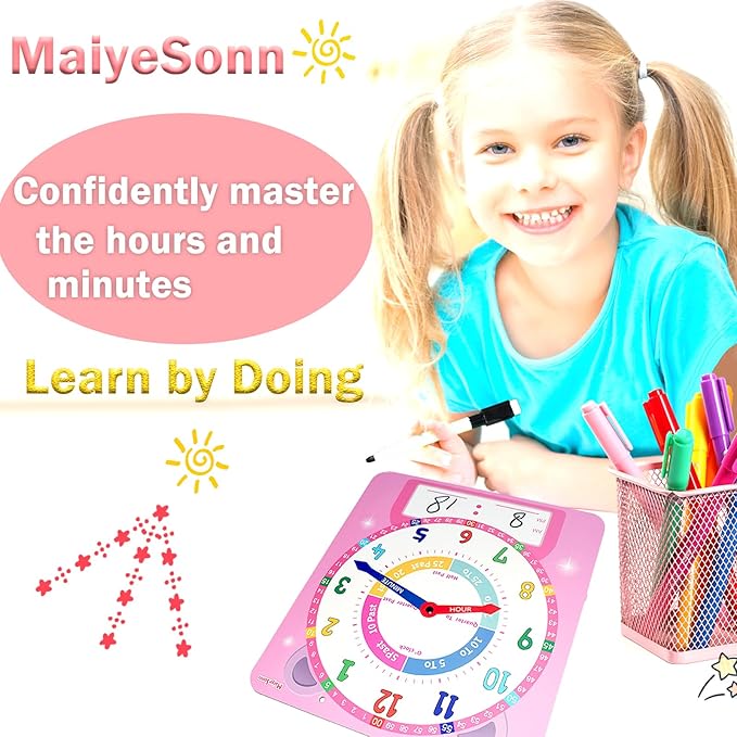 Teaching Clocks for Kids, Large Magnetic Writable Dry Erase Learning Clock with Pen,12" Teaching Demonstration Clock Learning Time to Tell Time for Kids Home School Classroom Supplies-Pink