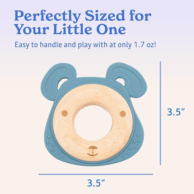 Blue Dog Baby Teething Toy for 0-12 Months | Food-Grade Silicone & Natural Beech Wood Teether | Easy-to-Hold Animal Shapes for Soothing Chewing | BPA-Free Teethers for Babies Boys & Girls