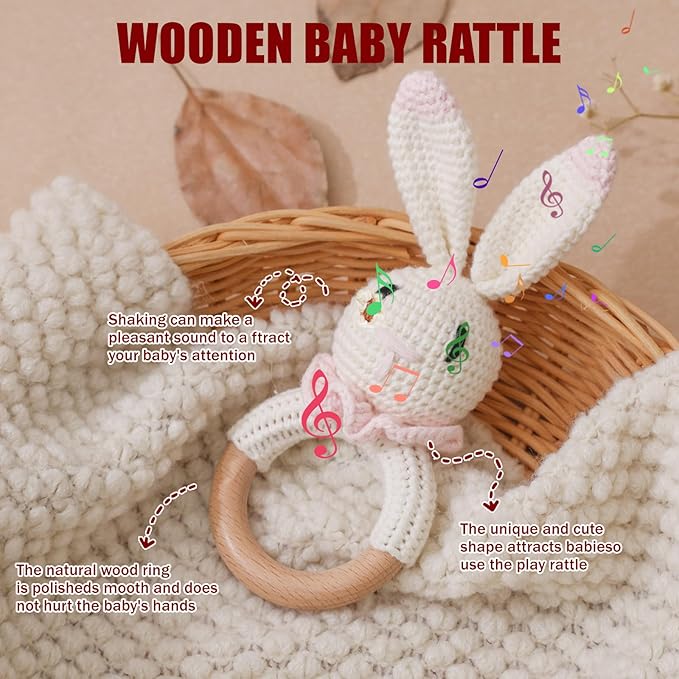 Wooden Baby Rattle, Crochet Pink Bunny Rattle, Newborn Wooden Animal Rattle Toy, Infant Rattle Toys, Pink Bunny