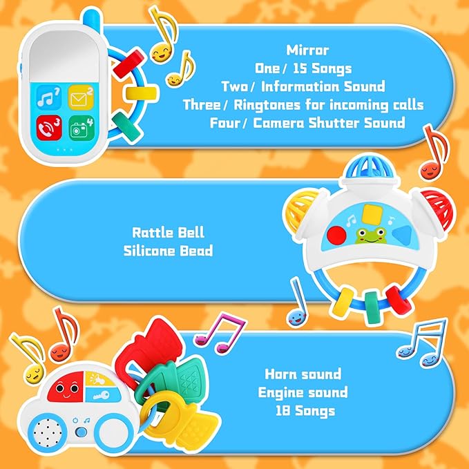 Baby Sensory Toys - 5PCS Baby Rattle Teething Toys Kits with Music, Infant Newborn Montessori Toys for Boys Girls 0-18 Months, Toddler Travel Toys Christmas