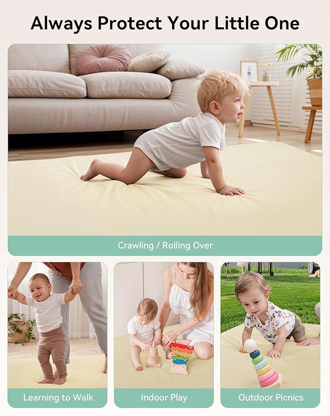 COMOMY Vegan Leather Baby Play Mats for Floor, 50 x 50 Play Mat for Playpen, Thickened High-Density Foam Playmats for Babies and Toddlers - Extra Soft and Resilient, Easy to Wipe Clean, Ivory