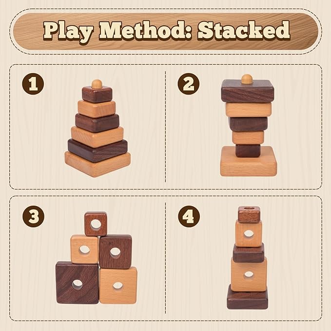 Adena Montessori Ring Natural Wood-Colored Wooden Stacking Toy,Montessori Geometric Stacker Wooden Educational Toy,Baby and Toddler Ages 12+ Months Shape Sorter and Stacking Tower for Babies(Square)