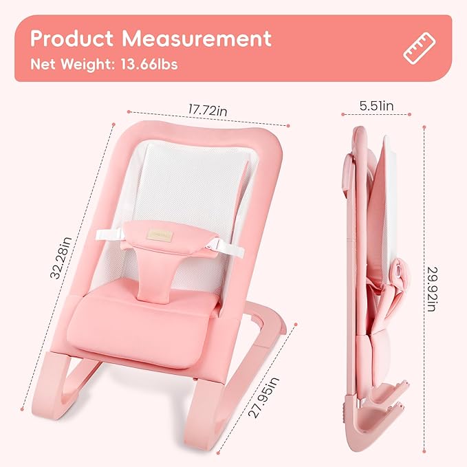 Baby Bouncer for Newborns 0-12 Months: 0-5 Years Portable Infant Girl Bouncer Seat Chair in Pink with Adjustable Recline & 3-Point Harness, Supports Up to 60 lbs