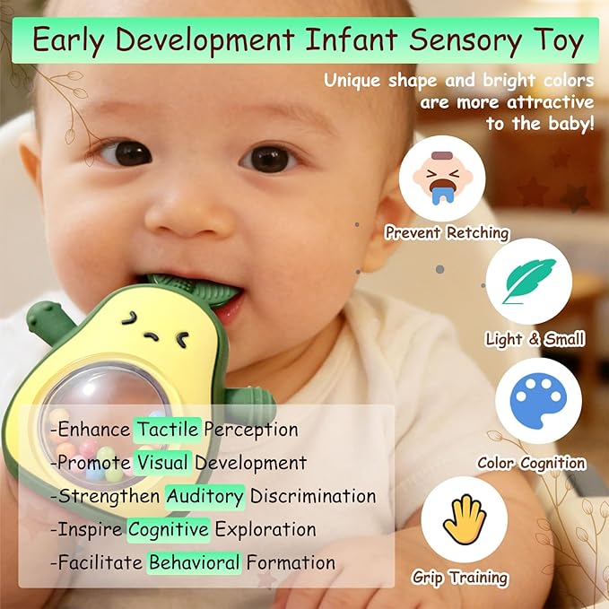 Baby Rattle Teething Toys Silicone Avocado Teething Mitten Sensory Toys for Grasping Chewing Sucking Hearing Needs-Baby Teether for Teething Relief-BPA Free Infant Toys Baby Shower Gifts (Green)