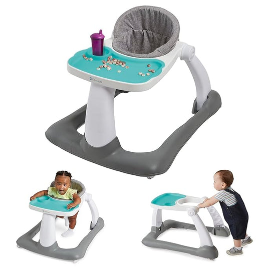 Contours Graze 2-in-1 Foldable Infant and Baby Push Walker, Seated or Walk-Behind Design, Removable and Washable Seat Pad and Snack Tray, Height Adjustable Seat Pad, Wide and Sturdy Frame - Gray/Teal