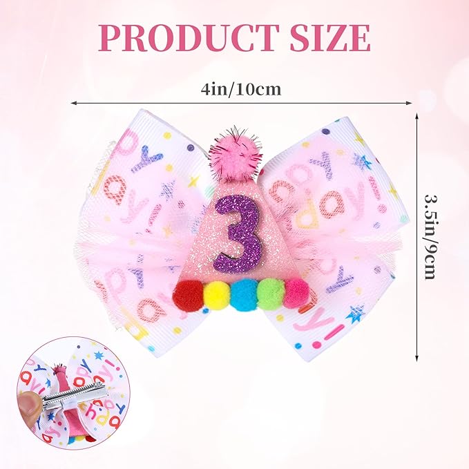 2Pcs Birthday Hair Bow for Baby Girls 1 2 3 4 5 6 Years, Pink Confetti Ice Cream Party Decorations, Sparkling Bows Hair Accessories for 3rd Birthday