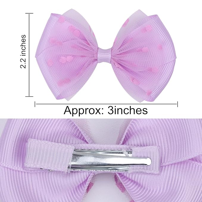 Tiny 3 Inch Dot Organza Double Hair Bow Clips - Cute Lined Boutique Alligator Hairpin for Girls, Toddlers, and Little Teens - Kids Barrettes Set of 2 Small Stylish (Purple)