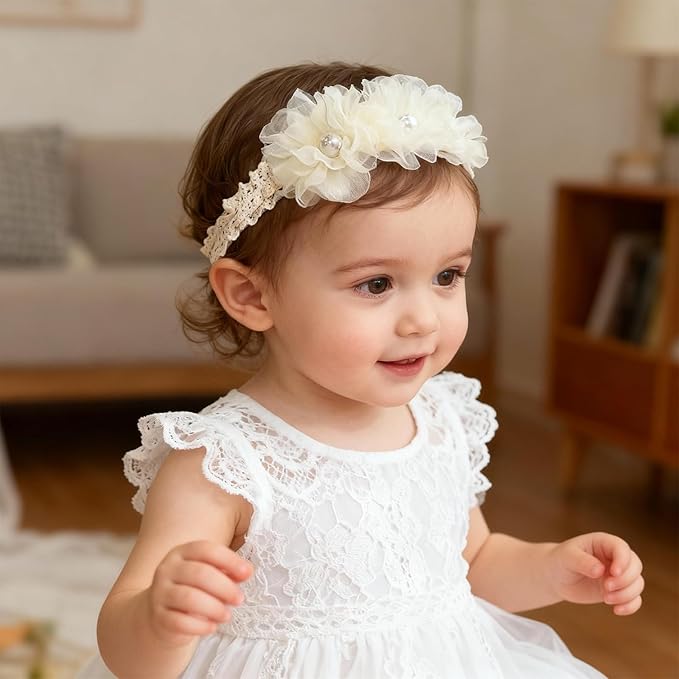 Handmade Baby Girl Headbands in Beige and Pink Lace Flowers for Newborns and Toddlers Cute Baby Girl Flowers and Newborn Headbands (Beige Lace Pearl Floral, One Size)