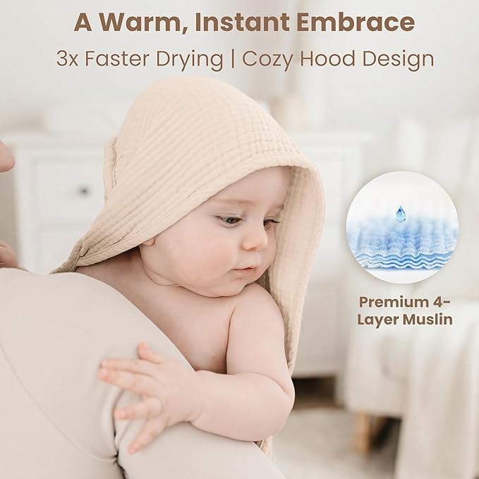 Konssy 2-Pack Muslin Hooded Baby Towels, 100% Cotton, Ultra-Soft & Absorbent Baby Bath Towels with Hood for Newborn & Infant (Cream, Blossom,32" x 32")