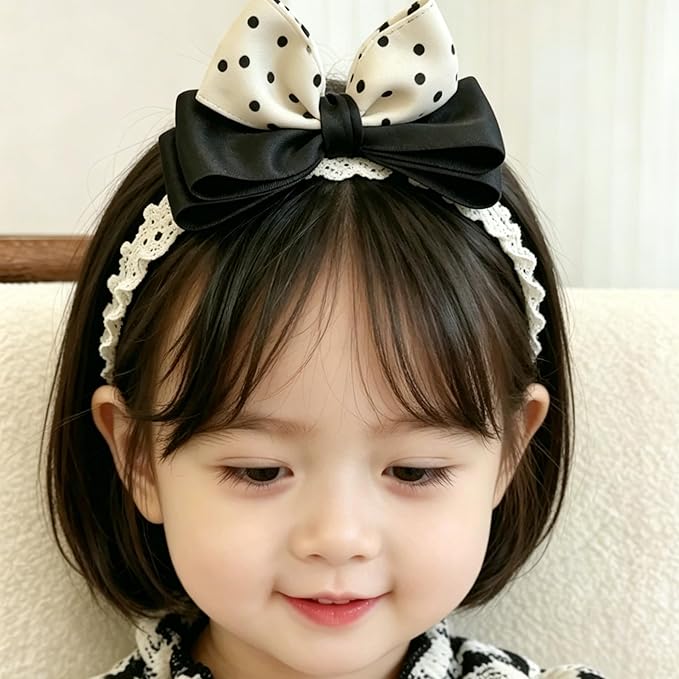 Baby Girls Hairbands Bow Lace Headband Handmade Soft Stretchy Pink Bowknot Hairbands Newborn Hairband with Bows Elastic Hair Bands for Kids Infant(Black and Yellow Dot Bow