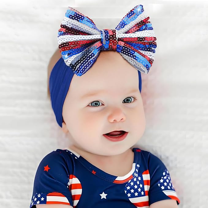 4th of July Headband Girls Sequins Large Bows Baby Headband 4th of July Accessories Glitter Hair Bows for Girls Patriotic Red Bow