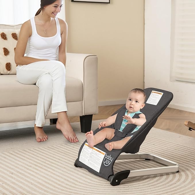 BABY JOY Baby Bouncer, Foldable Bouncer & Stationary Seat with 5-Point Safety Harness, Removable Fabric Cover, Portable Infant Bouncer Seat for Newborns Baby 0-6 Months (Dark Gray)
