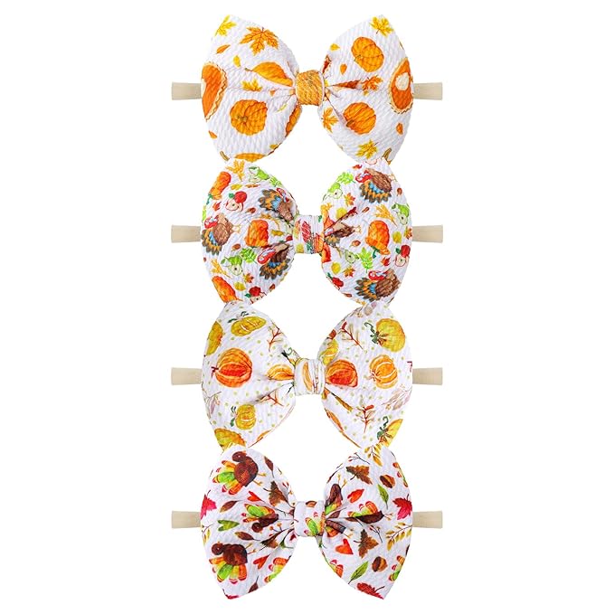 YanJie Hairband, Nylon Thanksgiving Baby Girls Headbands with 4.5in Bow, Handmade Stretch Pumpkin Hairbands Hair Bows Fall Gift for Girls Infants Toddlers Child
