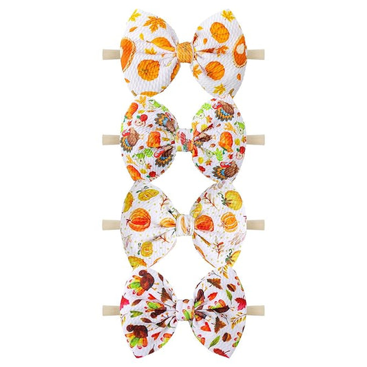 YanJie Hairband, Nylon Thanksgiving Baby Girls Headbands with 4.5in Bow, Handmade Stretch Pumpkin Hairbands Hair Bows Fall Gift for Girls Infants Toddlers Child