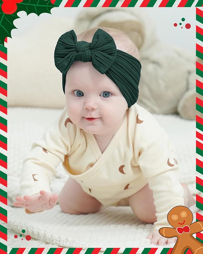 jollybows 3 PCS Baby Girls Headbands Soft Stretchy Nylon Hair Bows Handmade Bows for Baby Girls Infants Newborn Toddlers Kids - White, Dark Green, Christmas Red Grid