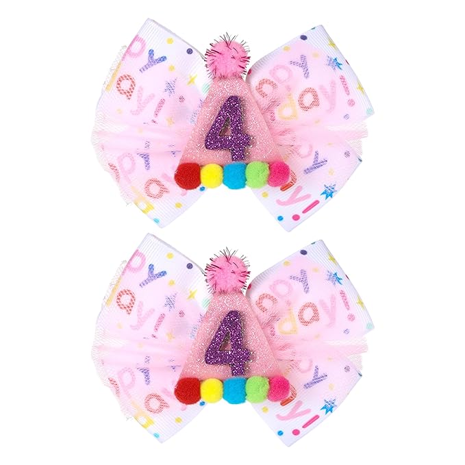 2Pcs Birthday Hair Bow for Baby Girls 1 2 3 4 5 6 Years, Pink Confetti Ice Cream Party Decorations, Sparkling Bows Hair Accessories for 4th Birthday