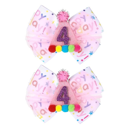 2Pcs Birthday Hair Bow for Baby Girls 1 2 3 4 5 6 Years, Pink Confetti Ice Cream Party Decorations, Sparkling Bows Hair Accessories for 4th Birthday