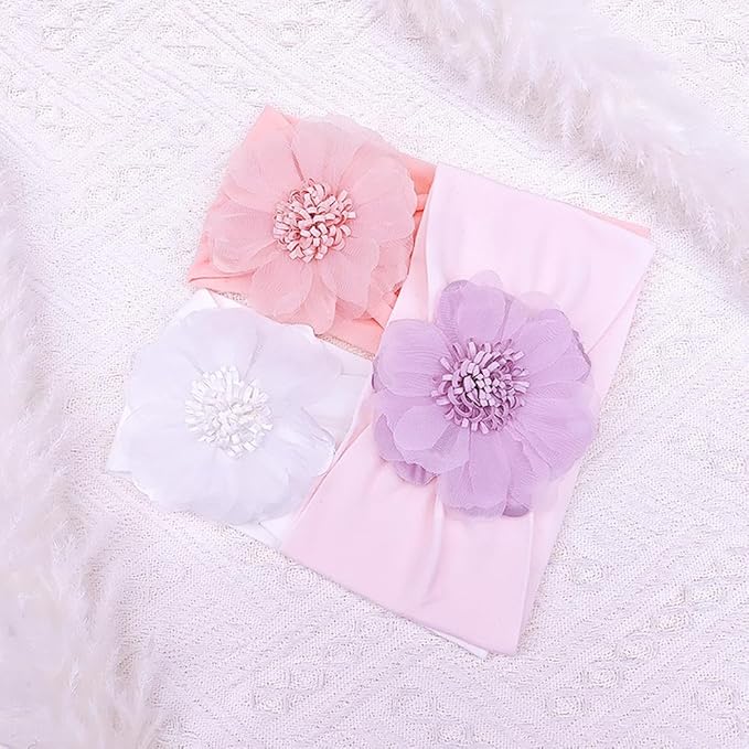 Large Flower Elastic headband for Baby Girl Infant Soft Fabric Chiffon Floral Hairband Toddler Newborn Christening Baptism Hair Accessories (Flower 2 - Purple, Elastic)