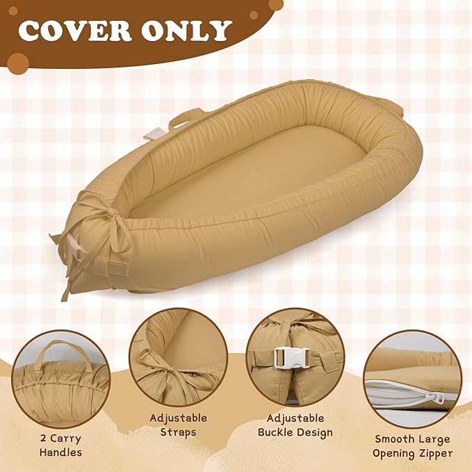 Baby Lounger Cover for Boys and Girls, Khaki 100% Cotton Baby Nest Cover, Breathable Replacement Cover for Infant and Newborn Snuggle Me Lounger, Cover Only