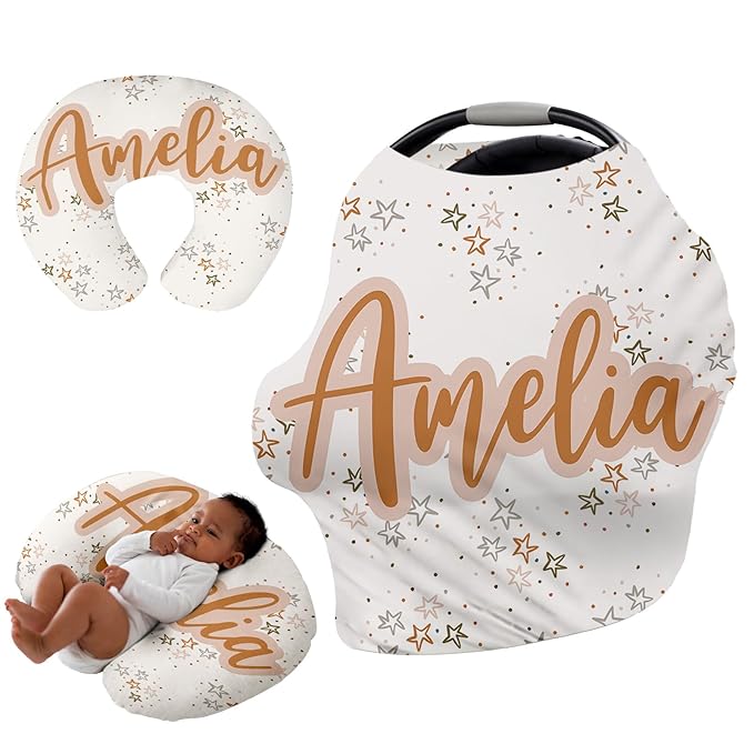 Personalised Car Seat Cover for Girls and Boys - 7 in 1 Multipurpose Breast Feeding Cover, White Star Nursing Cover, Grocery Cart Cover - Birthday Gift for Babies