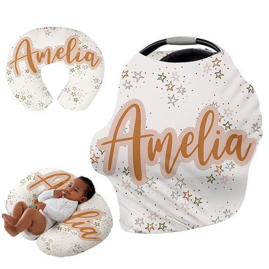 Personalised Car Seat Cover for Girls and Boys - 7 in 1 Multipurpose Breast Feeding Cover, White Star Nursing Cover, Grocery Cart Cover - Birthday Gift for Babies