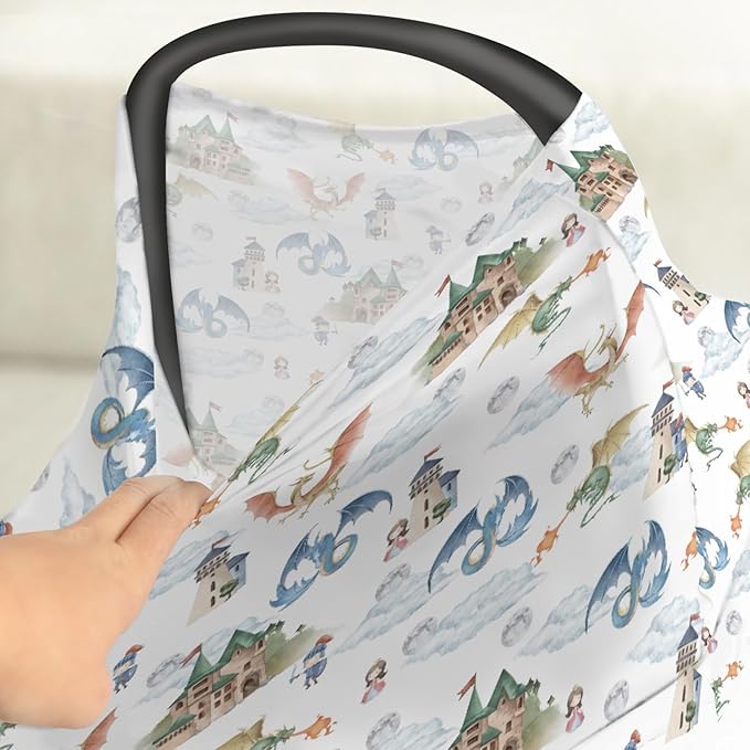 Fairytale Dragon and Knights Car Seat Cover for Babies Fantasy Dragons Princess Castle Stretchy 5-in-1 Cover Adjustable Infant Carseat Cover Canopy Moon Clouds Breathable Nursing Cover-Up
