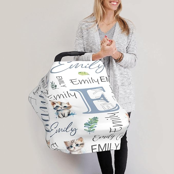Personalized Car Seat Covers with Name, Cat Baby Canopy Carrier Cover, Breathable Breastfeeding Nursing Cover, Stretchy Multi-Use Infant Carseat Stroller Cover