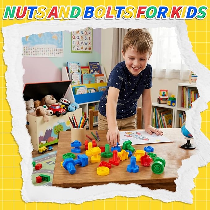 Bbiamsleep 40 Pcs Plastic Nuts and Bolts for Kids Fine Motor Skills Nuts and Bolts Toys Shapes Color Matching Toys for Sorting Counting Training Preschoolers(Random)