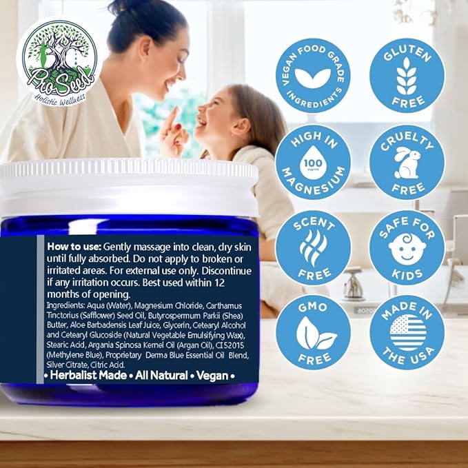 ProSeed Magnesium Lotion with Methylene Blue – Hydrating Face & Body Moisturizer with Yarrow, Turmeric, Chamomile & Vitamin E – Fast-Absorbing Cream for Dry Skin, Family-Friendly, 2 oz