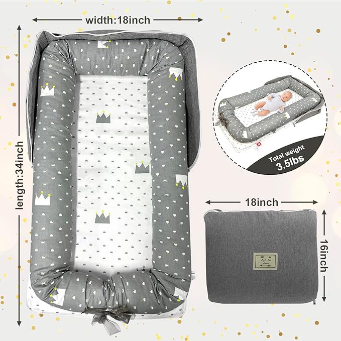 Baby Lounger, Foldable Portable Infant Lounger, Soft Breathable Baby Nest Cover, Suitable for 0-24 Months Newborn Baby Lounger,Home Travel Dual-Purpose Baby Nest(Grey)
