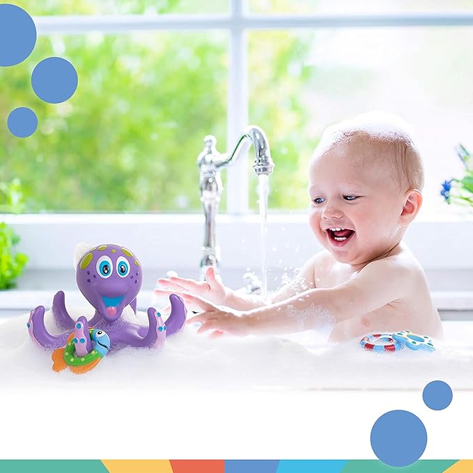 Bundle of Nuby Floating Octopus Toy with 3 Hoopla Rings - BPA Free Baby Bath Toy for Boys and Girls + Nuby Bubbly Buds Bath Toys, BPA Free