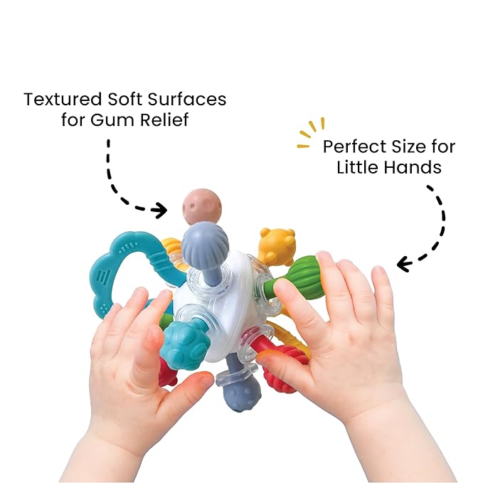 Lulyboo Baby Toy Ball Teether - Soft, BPA-Free, Textured, Colorful, Lightweight, Portable Baby teether for Soothing Sore Gums, Promoting Motor Skills & Sensory Play, Safe for on-the-go use