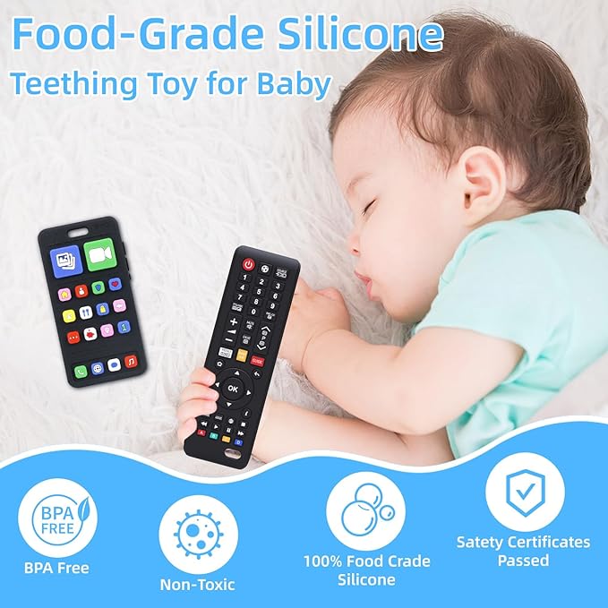 Baby Silicone Teething Toys for Babies 0-6 Months,Phone and Remote Teether Toys for Toddlers 6-12 Months,2 Pack Teether Toys Sensory Toys for Babies,Baby Chew Toys for 6-12-18 Months