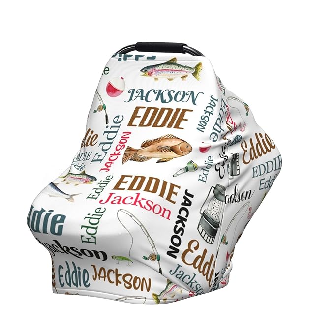Personalized Baby Car Seat Cover for Boys Girls, Custom Fishing Nursing Covers for Breastfeeding with Name, Infant Stroller Cover, Baby Carseat Canopy for Newborn, Multiuse Car Seat Canopies